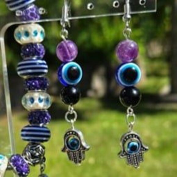 Hamsa Hand Evil Eye Gemstone Charm Earrings & Bracelet Set - Picture 6 of 10